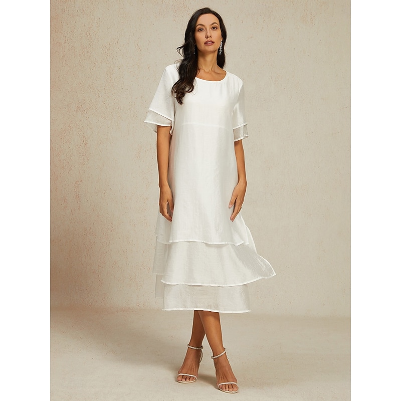 Women's White Blue Summer Spring Midi Dress Casual Dress Shift Dress Vacation Basic Modern Outdoor Work Daily Loose Fit Plain Crew Neck4