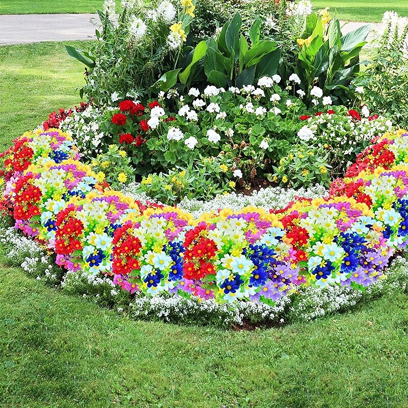 6 Bunches Daisies Artificial Flowers Assorted Color Outdoor Green Plant Shrub Plant Indoor and Outdoor Hanging Flowerpot Home Wedding Office Garden Porch Decoration2