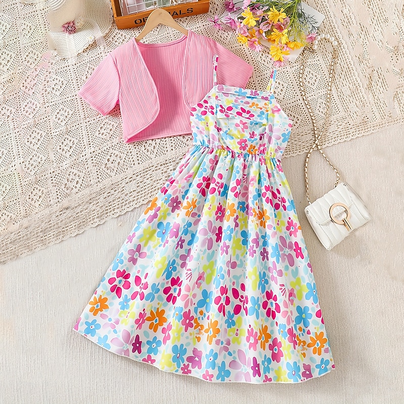 2 Pieces Kids Girls' Solid Color Dress & Cardigan Set Sleeveless Daily School 7-13 Years Summer Pink