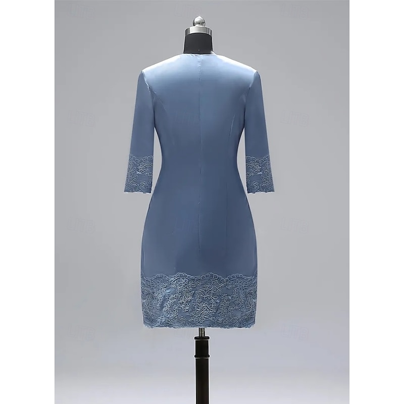 Sheath Mother of the Bride Dress Two Piece Wedding Guest Vintage Plus Size Jewel Neck Knee Length Satin Lace 3/4 Length Sleeve Jacket Dresses With Appliques2