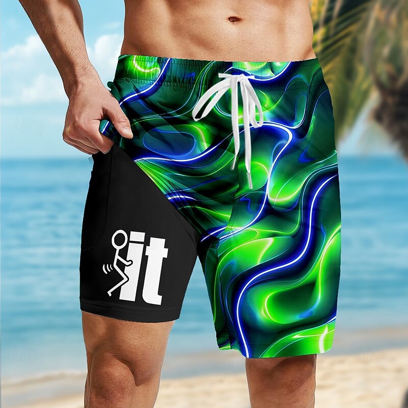 Men's Geometric Lines / Waves Neon Lined Shorts 2 in 1 Board Shorts Swim Shorts Mid Waist Hawaiian Holiday Side Pockets With Compression Liner Elastic Drawstring Waist Designer Clothing Apparel4
