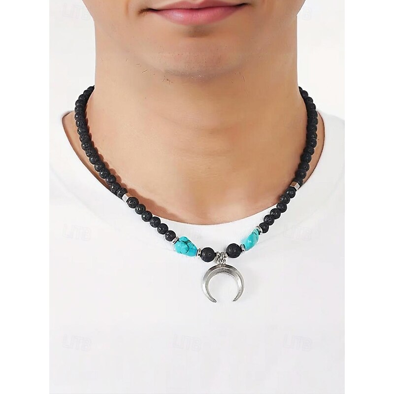 Men's Lava Rock Beaded Necklace with Turquoise and Crescent Moon Pendant - Boho Style, Adjustable Length, Unisex for Casual Wear, Outdoor and Daily Use2