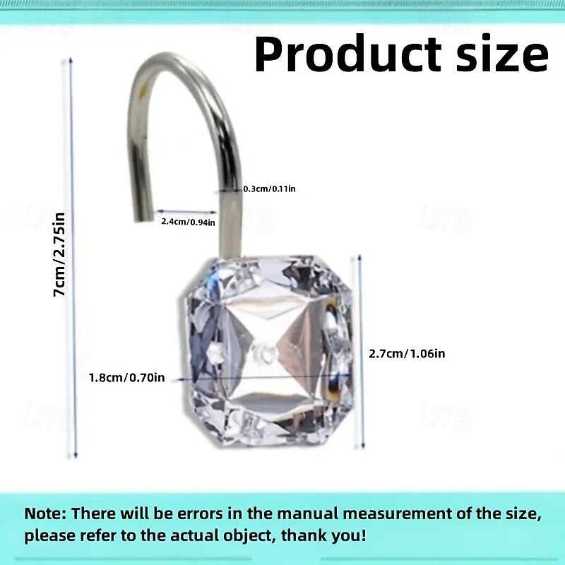 12pcs/set Shower Curtain Hook, Transparent Acrylic Rhinestone Shower Curtain Hook, Curtain Hook, Bathroom Accessories2