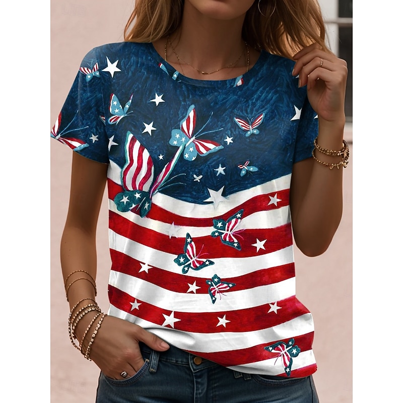 Women's Patriotic  T Shirt Graphic Flag Vintage Casual Short Sleeve Crew Neck Regular Tops Daily Weekend Print White Red Blue Dusty Blue Summer Spring3