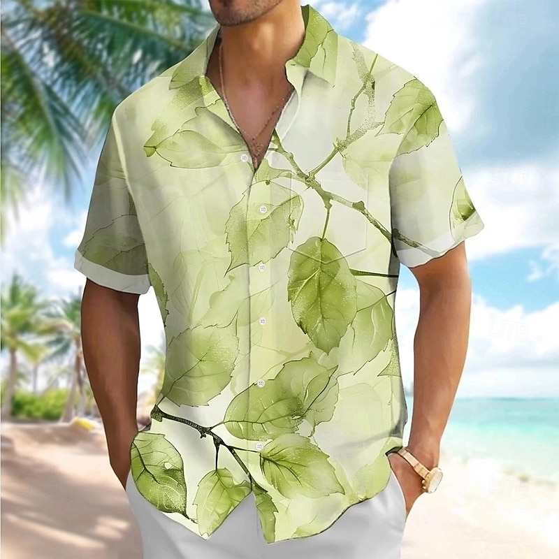Men's Plants Tropical Leaf Summer Hawaiian Shirt Button Up Shirt Aloha Shirt Short Sleeve Hawaiian Holiday Beach Wear Summer Spring Turndown 3D Print Collared Shirts Front One Pocket Blue Green3