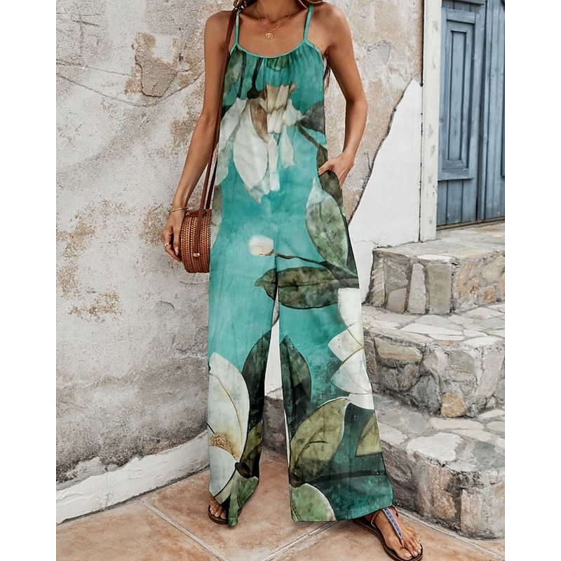 Women's Normal Jumpsuit Streetwear Floral Sleeveless U Neck Pocket Print Going out Weekend Regular Fit Green Summer
