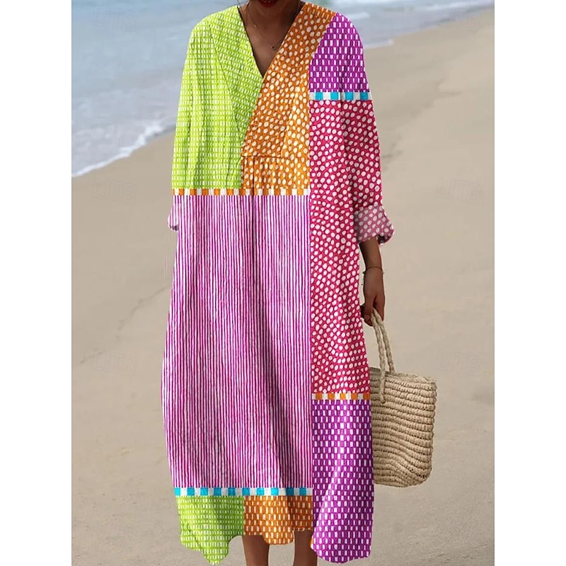 Women's Midi Dress V Neck Long Sleeve Kaftan Lightweight Loose Fit A Line Dress Casual Boho Party Going out Graphic Geometric Stripe Long Sleeve V Neck Ash Yellow Pink Orange2