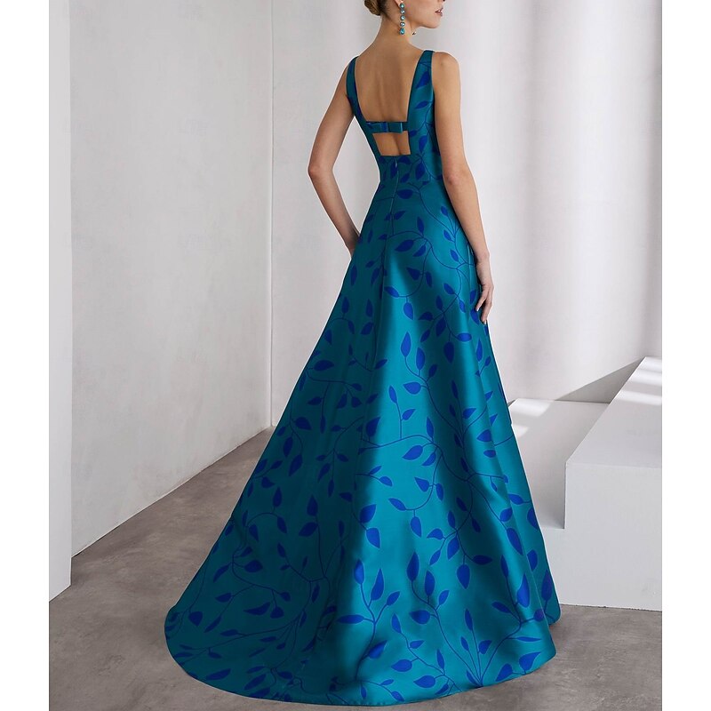 A-Line Evening Gown Elegant Dress Formal Wedding Floor Length Sleeveless Boat Neck Pocket Satin with Floral Print Wedding Guest Dress2