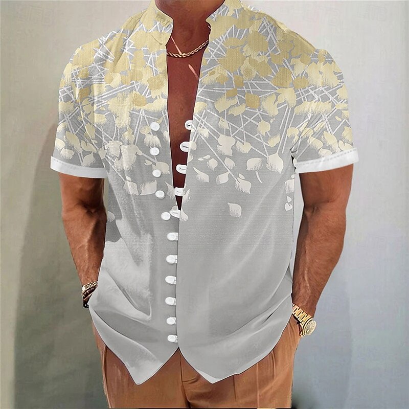 Men's Floral Print Gradient Color Flowers Summer Hawaiian Shirt Aloha Shirt Stand Collar Shirt Short Sleeve Hawaiian Vacation Beach Wear Summer Spring Mandarin Collar 3D Print Button Down Shirts3