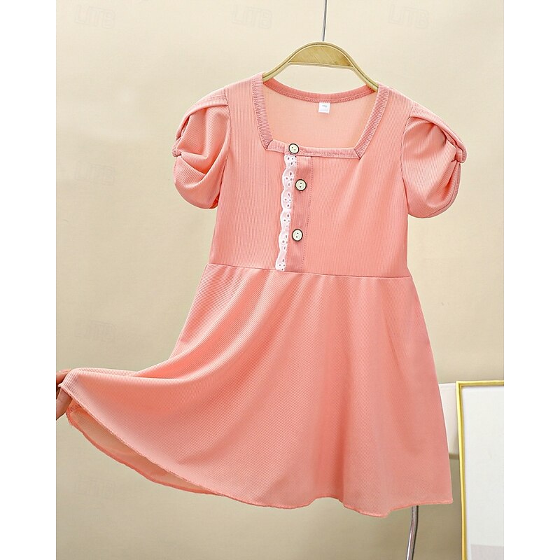 Kids Girls' Dress Solid Color Short Sleeve Outdoor Ruched Buttons Cute Adorable Polyester Knee-length Casual Dress Summer 4 years+ Yellow Pink Purple3