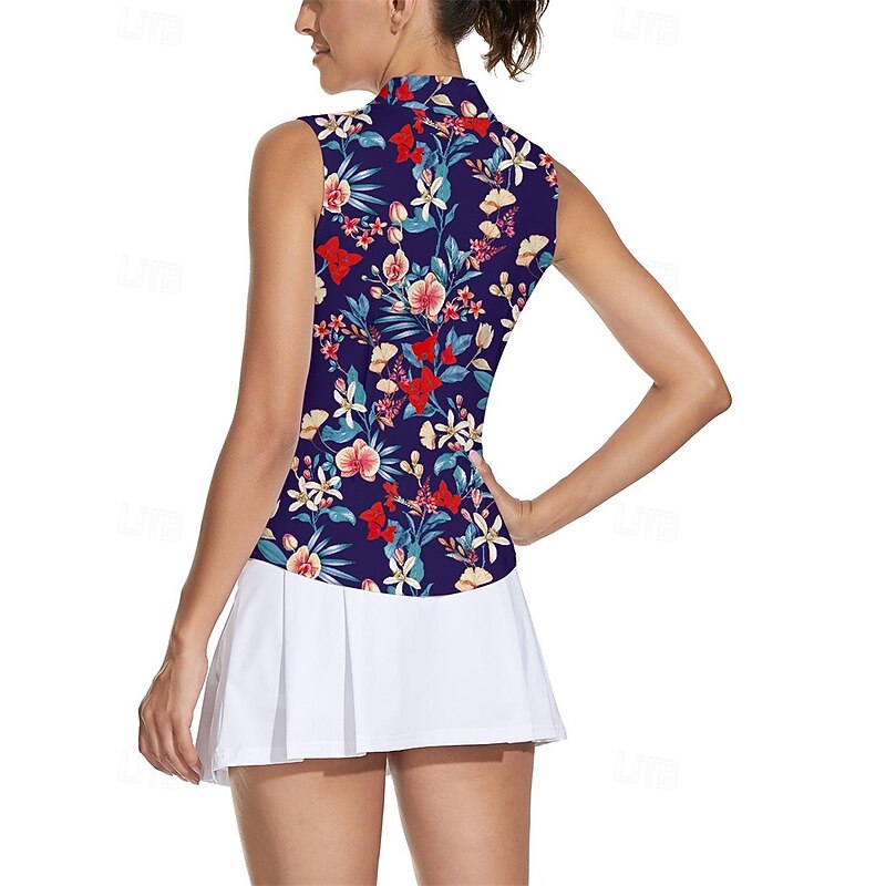 Women's Floral Tennis Shirt Sleeveless Print UPF50+ Quick Dry Tennis Golf Badminton Zip Collar Tee Tshirt Top Dark Blue Tennis Clothing2
