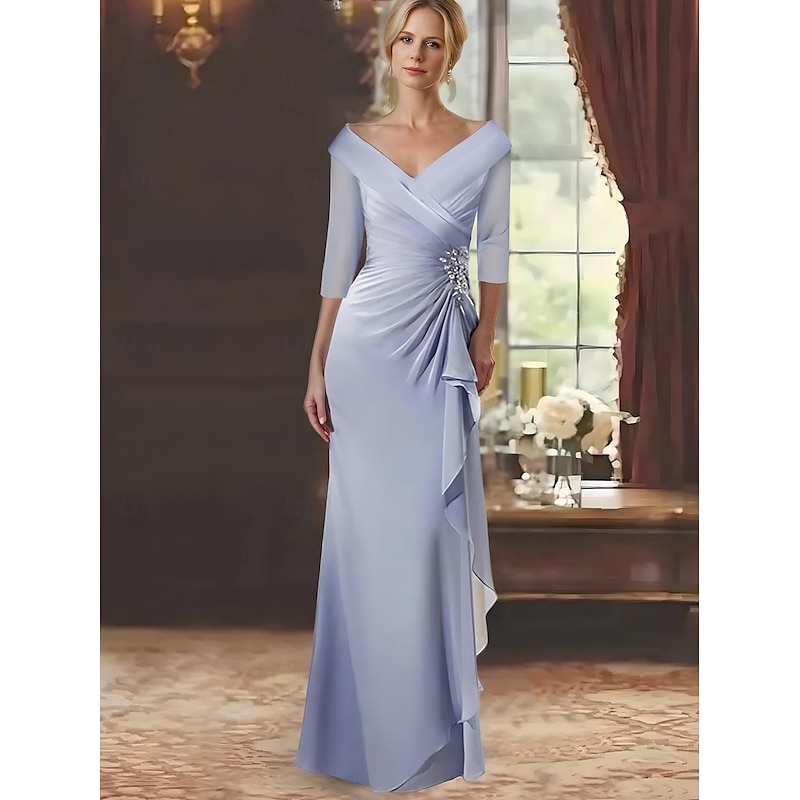 A-Line Mother of the Bride Dress Elegant V Neck Floor Length Chiffon Lace Long Sleeve with Cascading Ruffles