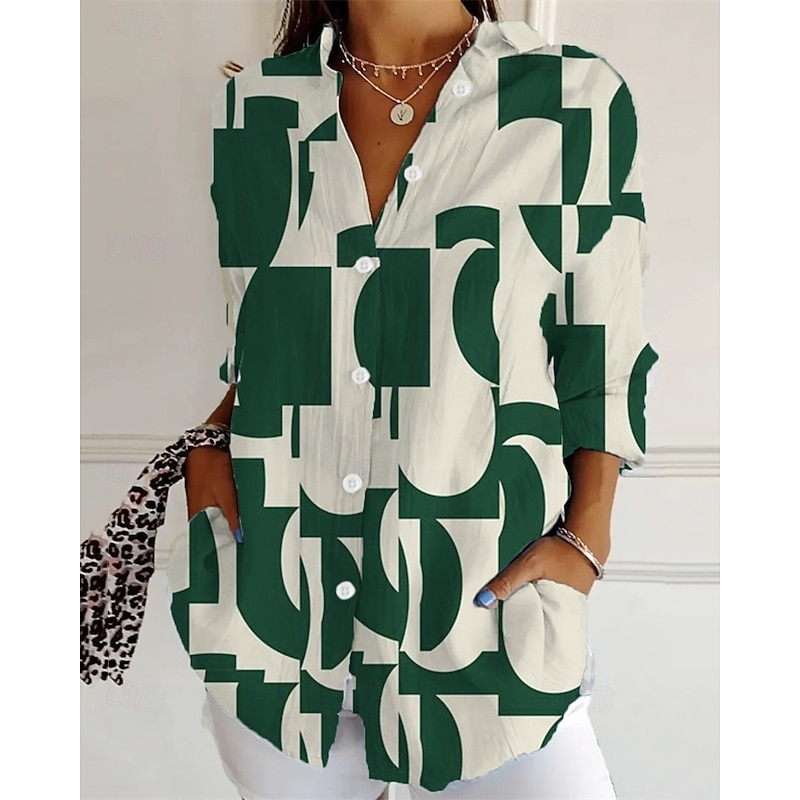 Women's Shirt Geometric Daily Stylish Basic Long Sleeve Shirt Collar Regular Tops Daily Holiday Buttons Print Black Royal Blue Blue Purple Green Spring Fall2