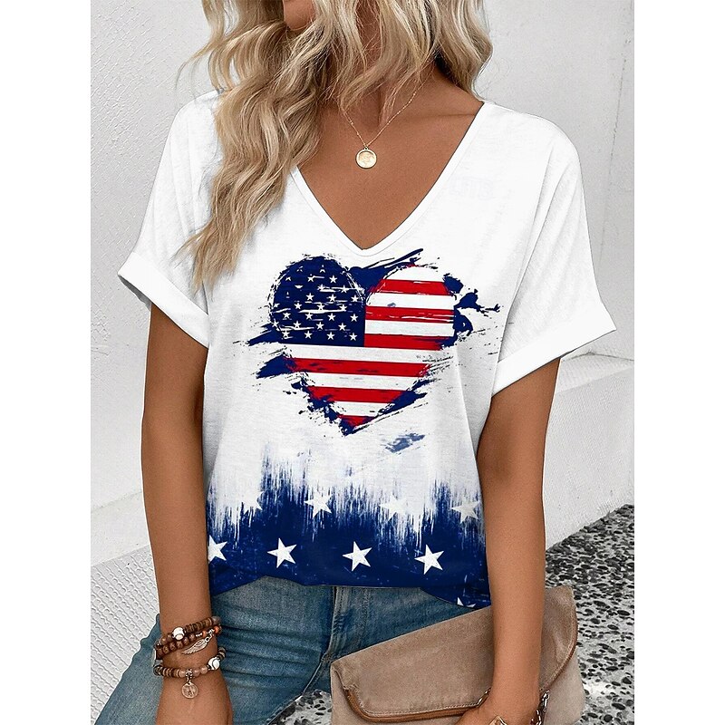 Women's Patriotic  T Shirt American Flag Print V Neck Red White And Blue Short Sleeve Casual Summer Tee Red White Blue Comfortable Lightweight Top for Daily Wear4