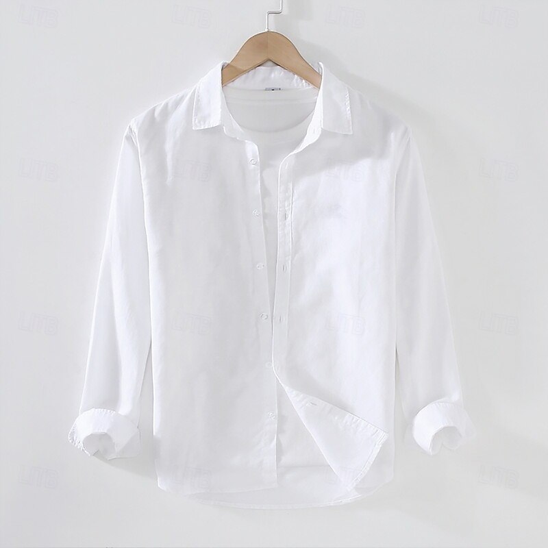 Men's Shirt Linen Shirt Classic Casual Beach Shirt Standard Fit Long Sleeve Lapel Solid Color Cotton Linen White Beige Grey3