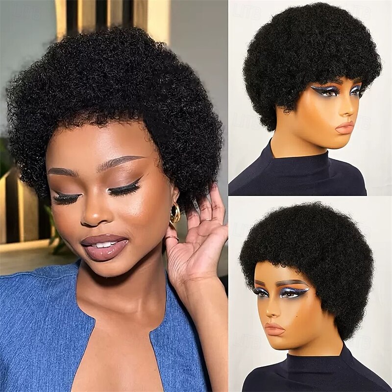 Short Kinky Curly Human Hair Wigs for Women Dark Brown Full Machine Made Wig Human Hair Glueless Black Color Full and Fluffy3