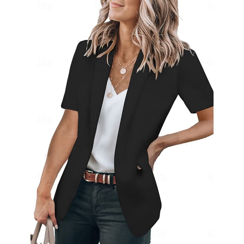Women's Blazer Breathable Comfortable Ruffle Casual Plain Work Daily Wear Open Front Regular Turndown Regular Fit Short Sleeves Outerwear Black White Red Summer4
