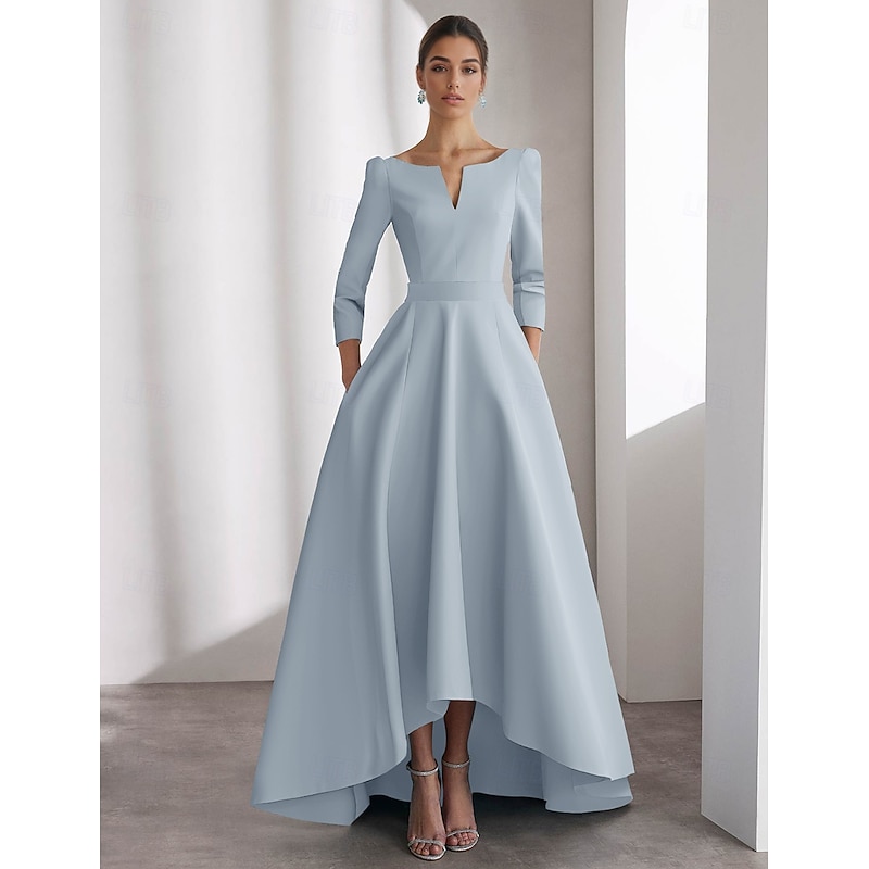 A-Line Cocktail Dresses Elegant Dress Formal Wedding Asymmetrical Long Sleeve V Neck Satin with Pocket2