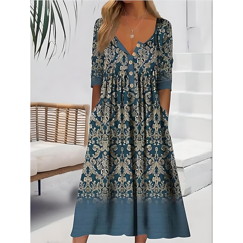 Women's Midi Dress Summer Dress Pleated Dress Vacation Casual Beach Holiday Regular Fit Floral Graphic Short Sleeve Crew Neck White Blue Light Blue Summer