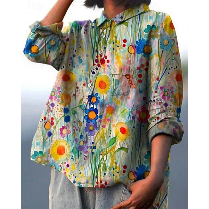 Women's Shirt Boho Shirt Blouse Flower Modern Boho Long Sleeve Shirt Collar Regular Tops Daily Holiday Going out Buttons Print Grass Green Light Green Navy Blue Purple Fuchsia Summer