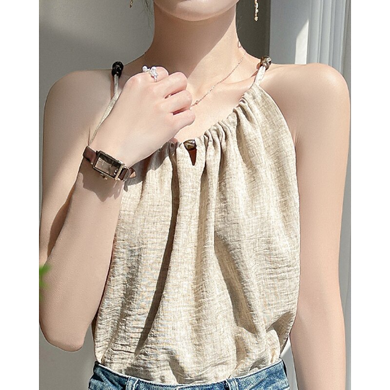 Women's Cotton Linen Shirts Linen-Inspired Sets Blouse Plain Modern Casual Sleeveless Strap Regular Tops Daily Holiday Going out Ruched Black Beige Summer2