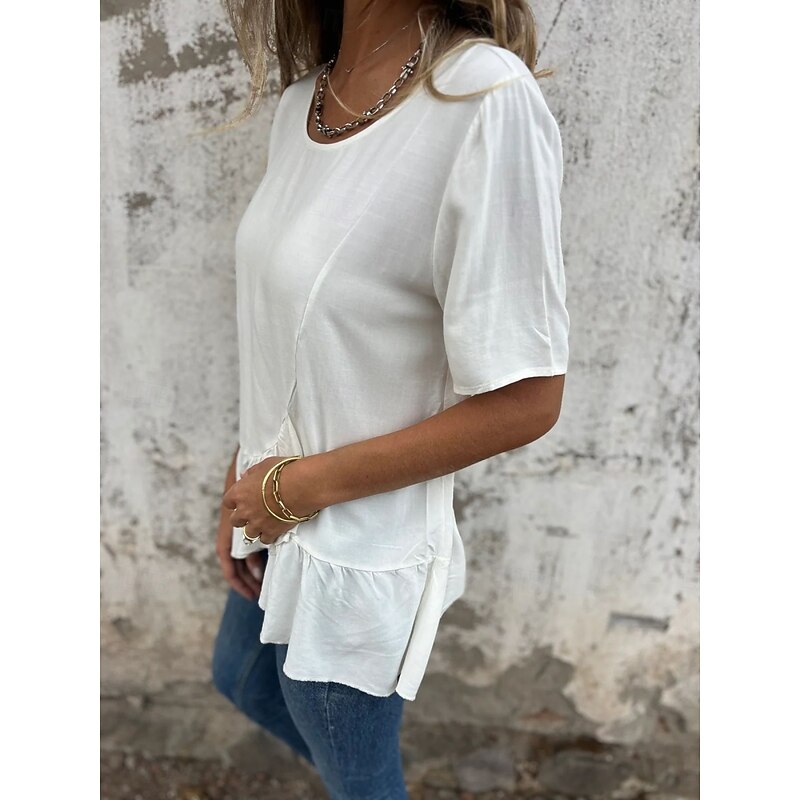 Women's Cotton Linen Shirts Solid Color Daily Modern Short Sleeve Crew Neck Regular Tops Daily Holiday Ruffle Black White Pink Blue Summer3