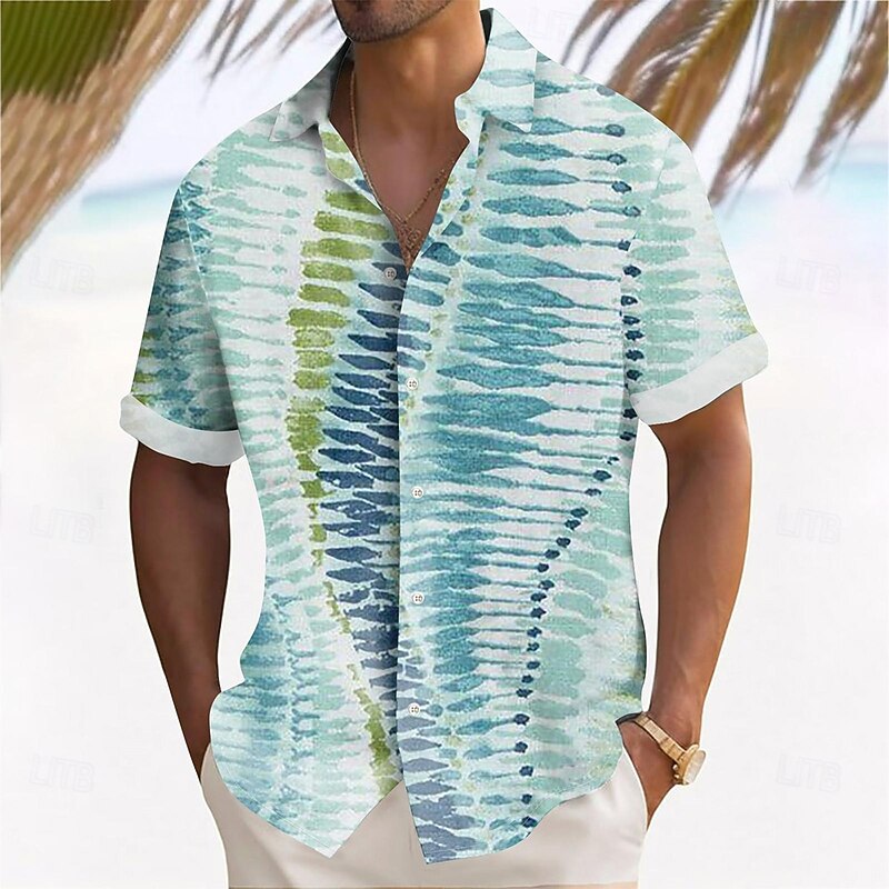 Men's Geometric Lines / Waves Gradient Color Shirt Summer Shirt Button Up Shirt Short Sleeve Fashion Casual Outdoor Vacation Dailywear Summer Spring Turndown 3D Print Collared Shirts Blue