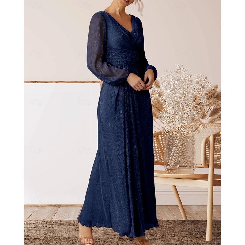 A-Line Mother of the Bride Dress Wedding Guest Elegant V Neck Floor Length Chiffon Long Sleeve with Pleats Ruching3