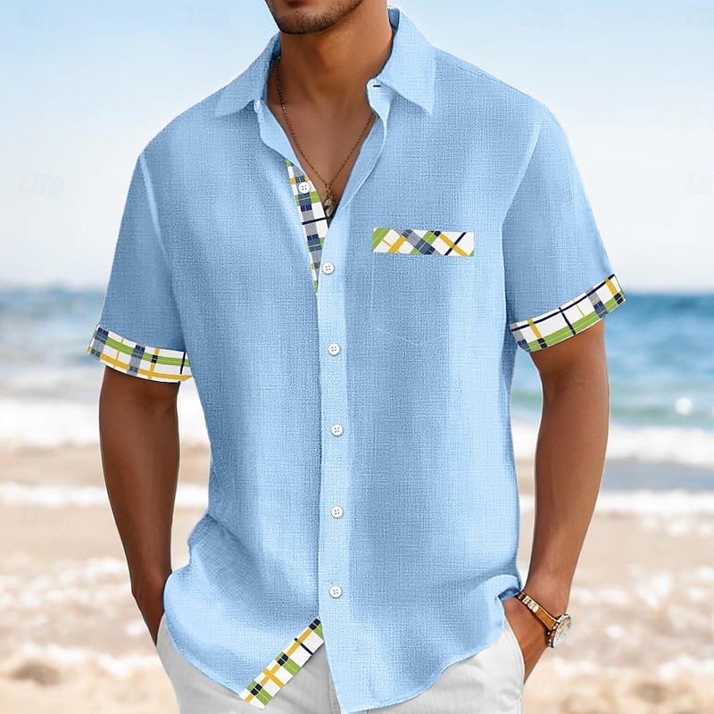 Men's Shirt Linen Shirt Summer Shirt Beach Wear Button Up Shirt Solid Color Vacation Curise Navy Blue Orange Green Light Blue Short Sleeve Collar Summer Spring & Summer Clothing Apparel Color Block4