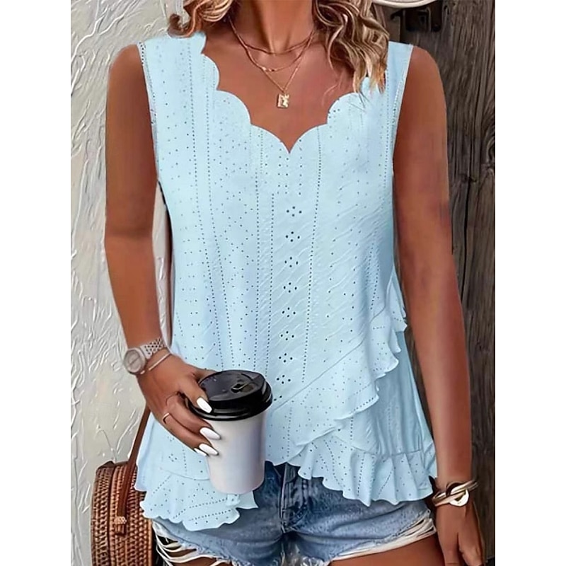 Women's Camisole Tank Top Plain Daily Casual Sleeveless V Neck Regular Tops Daily Ruffle Eyelet White Yellow Pink Green Light Blue Summer