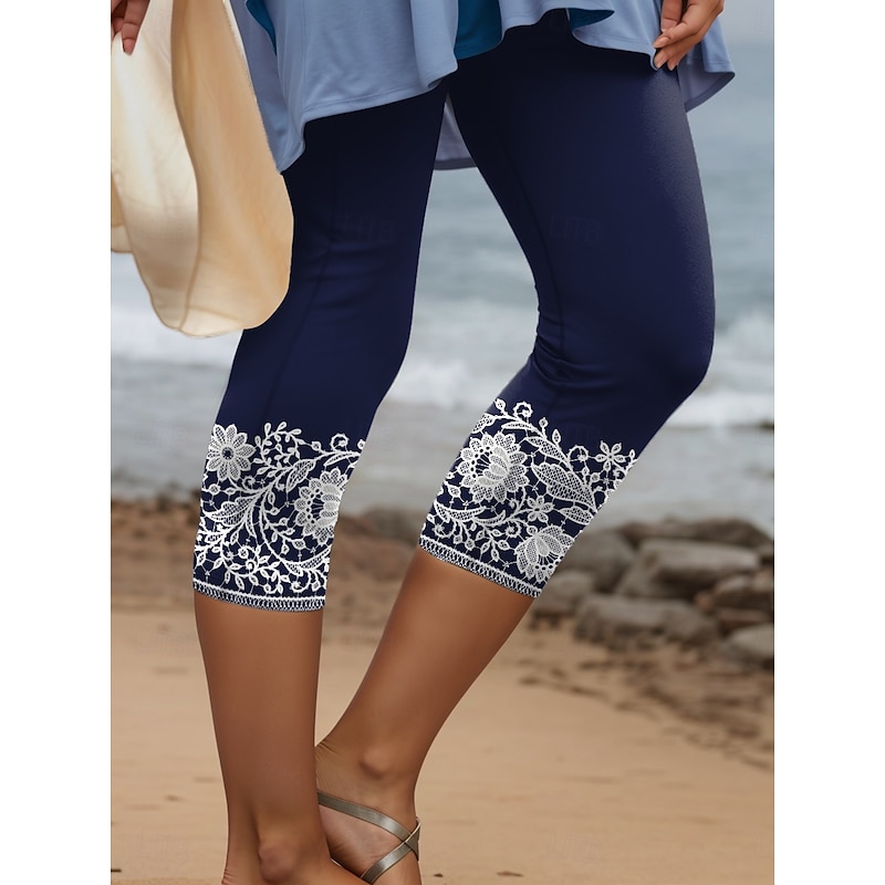 Women's Leggings Capri Pants 3D Print High Elasticity Vacation Vintage Fashion Calf-Length High Waist Floral Graphic Printing Breathable Soft Stretchy Formal Vacation Office Navy Summer Spring