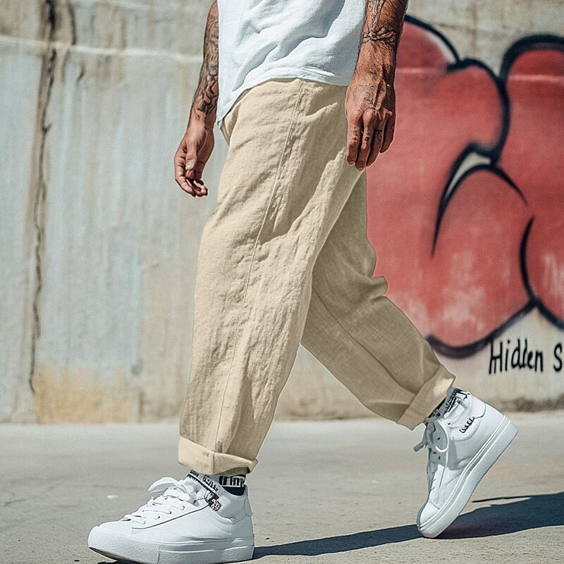 Men's Linen Pants Trousers Summer Pants Baggy Pants Beach Pants Drawstring Elastic Waist Straight Leg Plain Comfort Breathable Full Length Casual Daily Holiday Vacation Fashion Black White2