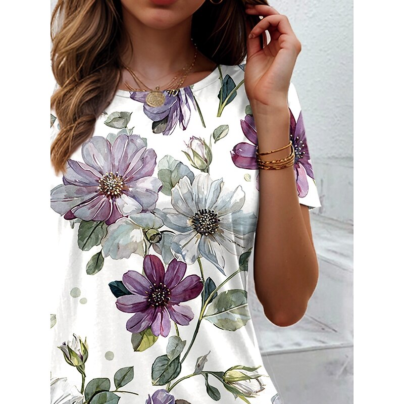 Women's T Shirt Floral Graphic Plants Vintage Stylish Classic Short Sleeve Crew Neck Round Neck Regular Tops Daily Print Purple Summer2