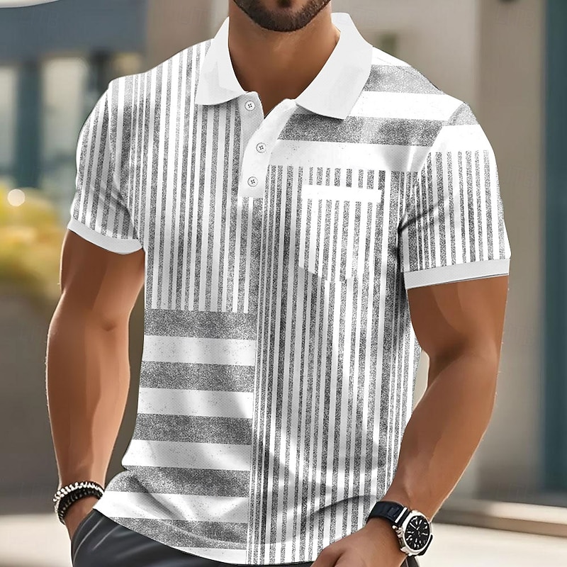 Men's Graphic Vertical Stripes Polo Short Sleeve Polo Shirts Collared Shirts Business Casual Outdoor Athleisure Daily Wear Buttons 3D Print Summer Blue Brown Green2