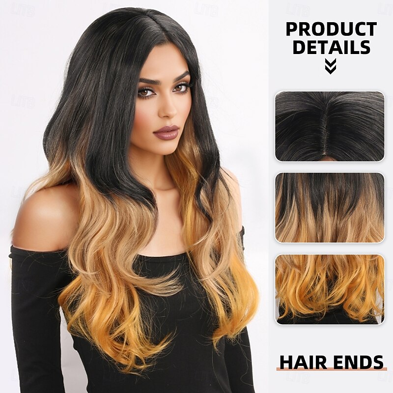 Synthetic Wig Wavy Deep Wave Layered Haircut With Bangs Machine Made Wig 24 inch A1 Synthetic Hair Women's Classic Comfortable Color Gradient Multi-color2