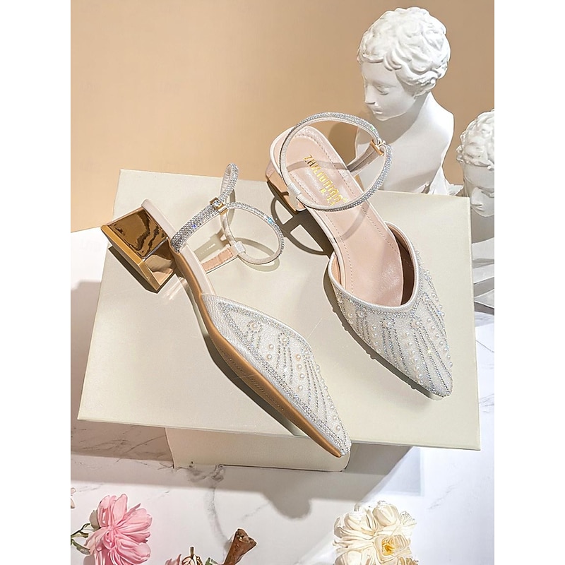 Women's Ivory Pointed Toe Block Heels with Pearl and Rhinestone Embellishments – Elegant Ankle Strap Pumps for Cocktail Parties and Formal Events4