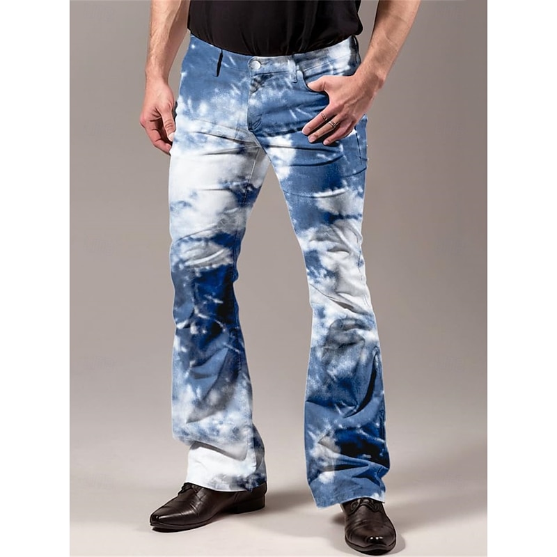 Retro Vintage 1970s Groovy Bell Bottom Pants Flared Trousers Disco mid rise sky Psychedelic Fancy Dress Men's Halloween Carnival Vacation Music Festival Festival Adults' Pants