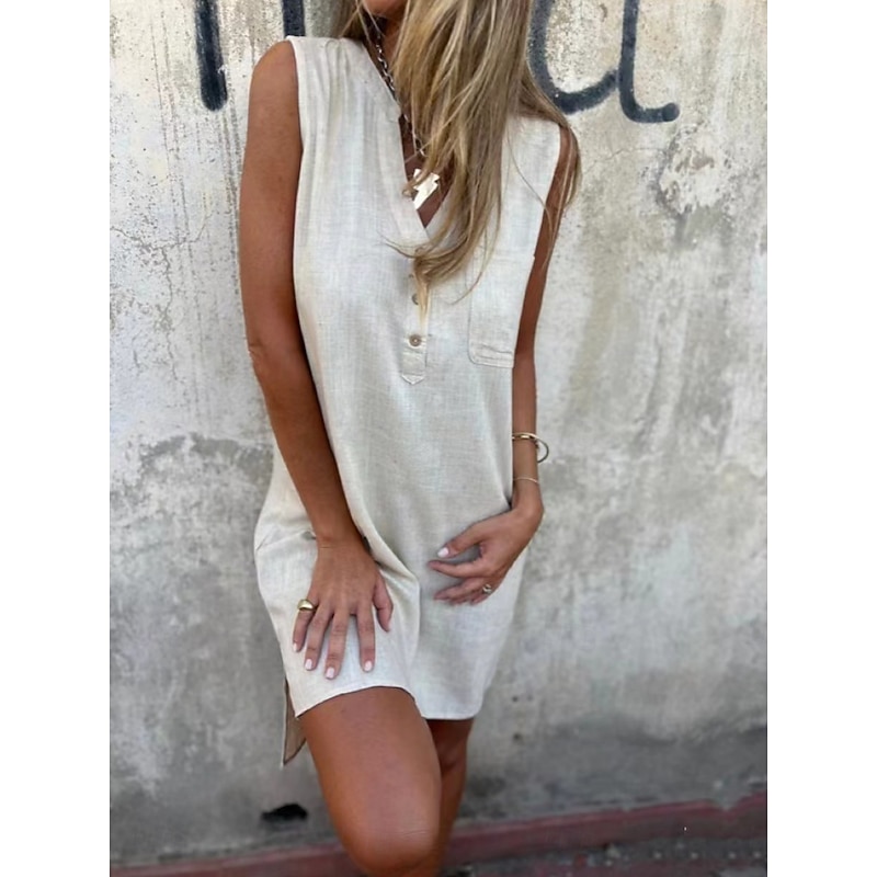 Women's Mini Dress Poly-Cotton Linen Texture Dresses Casual Dress Tank Dress Summer Dress Basic Daily Weekend Regular Fit Plain Sleeveless V Neck Black White Blue Gray Summer