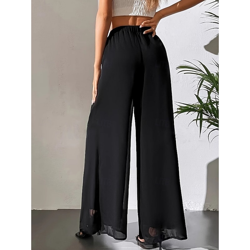 Women's Wide Leg Chinos Vacation Vintage Fashion Full Length High Waist Plain Pocket Elastic Waistband Comfy Soft Comfortable Micro-elastic Outdoor Street Black Summer Spring Loose Fit2