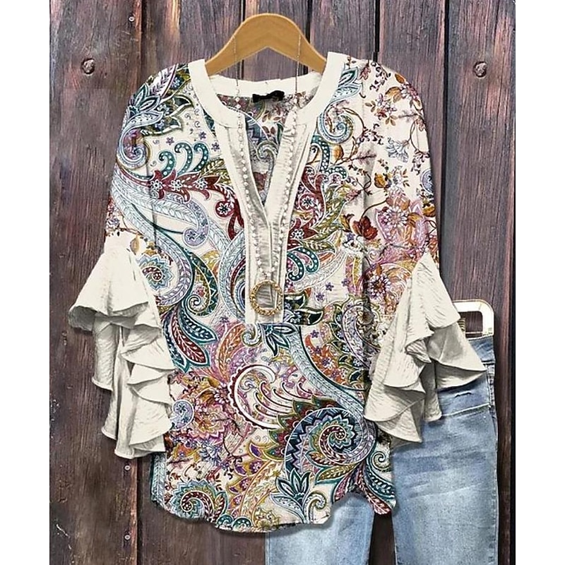 Women's Blouse V Neck Layered Ruffle Sleeve Tops Floral Graphic Paisley Bohemia Vintage Daily 3/4 Length Sleeve Regular Tops Daily Holiday Vacation Wear Print Black Pink Purple Violet Beige Summer3