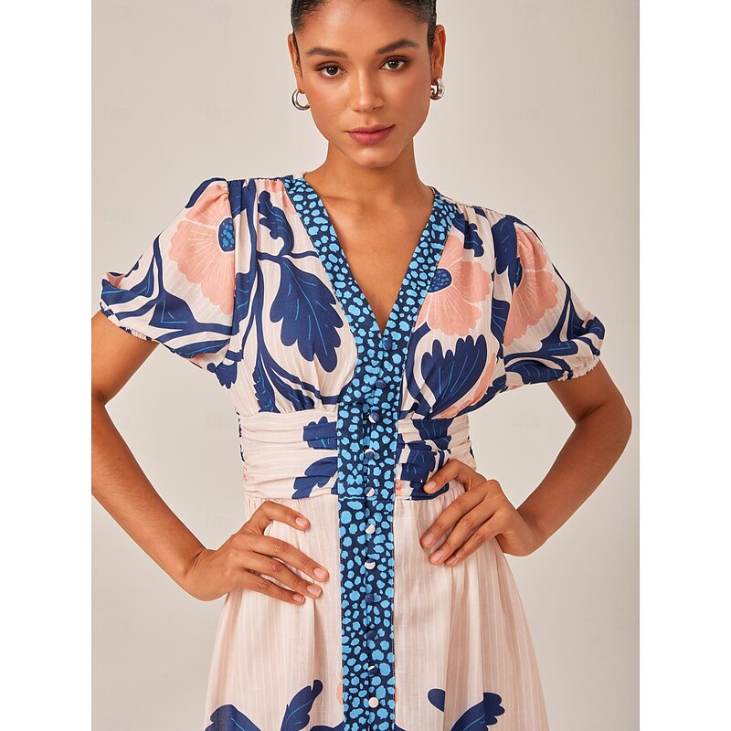 Floral High Waist Short Sleeve V Neck Maxi Dress3