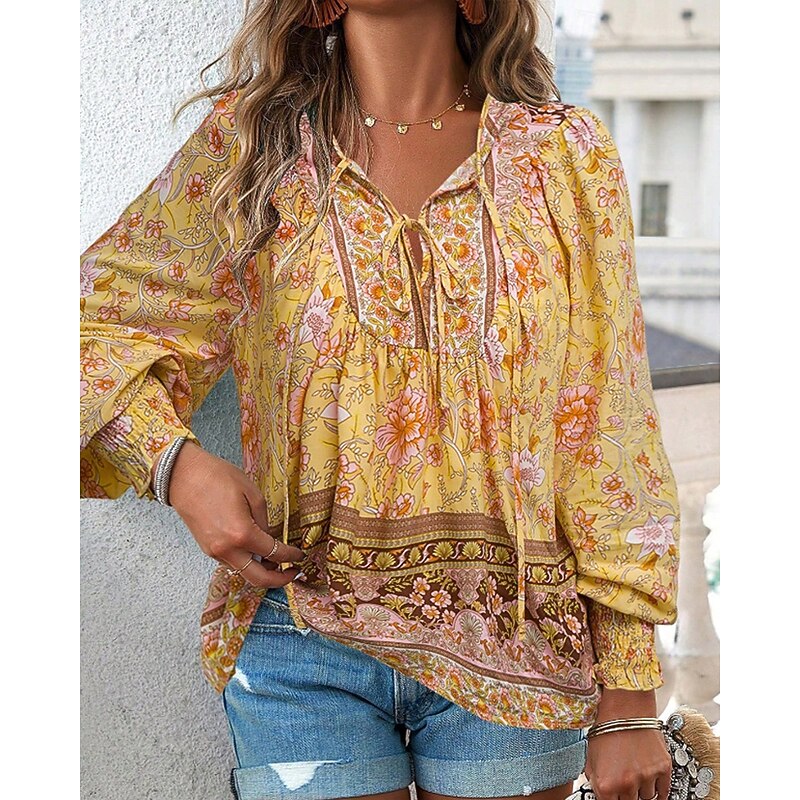 Women's Boho Shirt Blouse Flower Modern Boho Long Sleeve V Neck Regular Tops Daily Going out Print Yellow Pink Navy Blue Blue Orange Summer3
