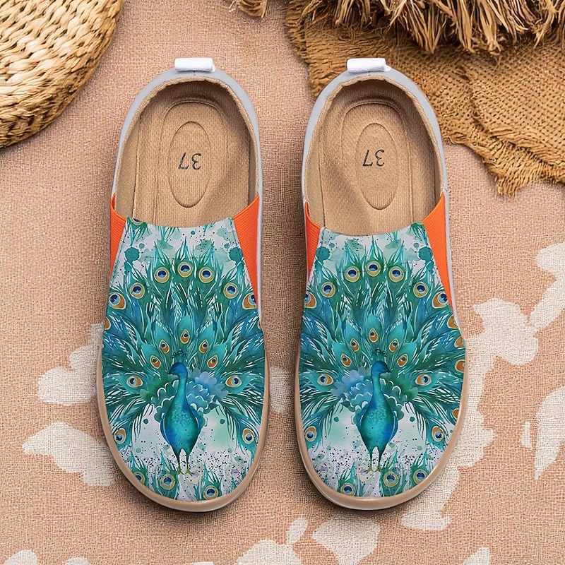 Women's Comfort Slip-On Barefoot Shoes—Artistic Peacock Print, Ergonomic Insole, Vibrant Resort Style, Great for Home, Garden, Art Festivals and Relaxed Travel Days