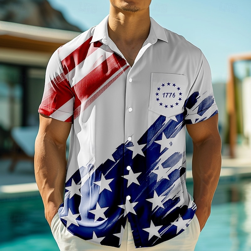 Independence Day Men's American US Flag Patriotic 1776 Shirt Summer Shirt Button Up Shirt Short Sleeve Fashion Casual Holiday Summer Spring Turndown 3D Print Collared Shirts Front One Pocket White2