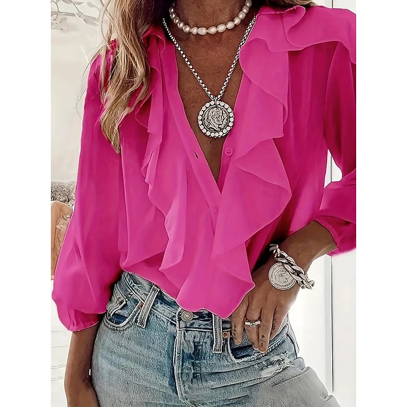 Women's Shirt Plain Ladies Long Sleeve Lantern Sleeve Shirt Collar Regular Tops Work Daily Ruffle Buttons Grass Green Green Beige Rose Pink Summer Spring3