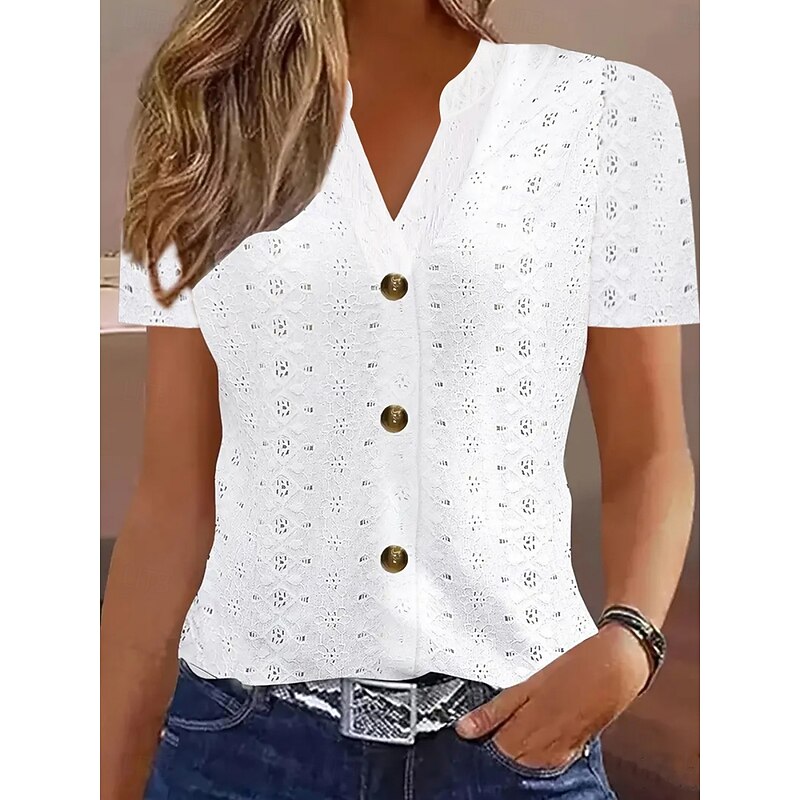 Women's T Shirt Solid Color Plain Basic Modern Casual Short Sleeve V Neck Regular Tops Daily Weekend Buttons Eyelet White Wine Fuchsia Khaki Summer