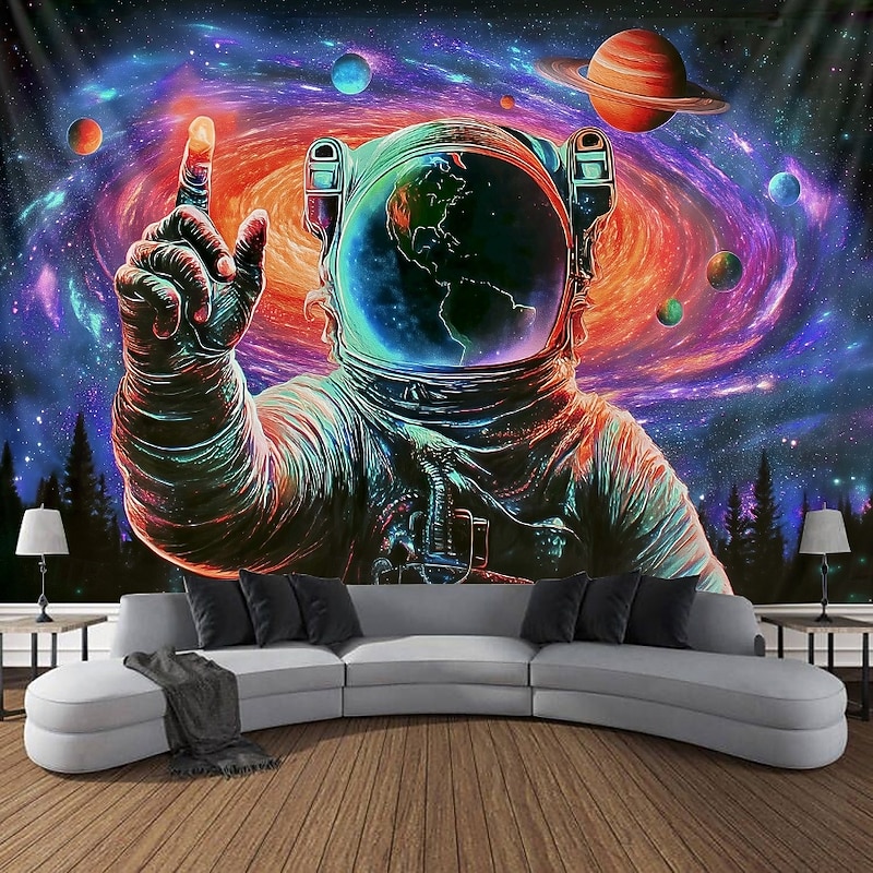 Blacklight Tapestry Glow in the Dark Glow Party UV Reactive Astronaut Trippy Misty Hanging Tapestry Wall Art Mural for Living Room Bedroom4