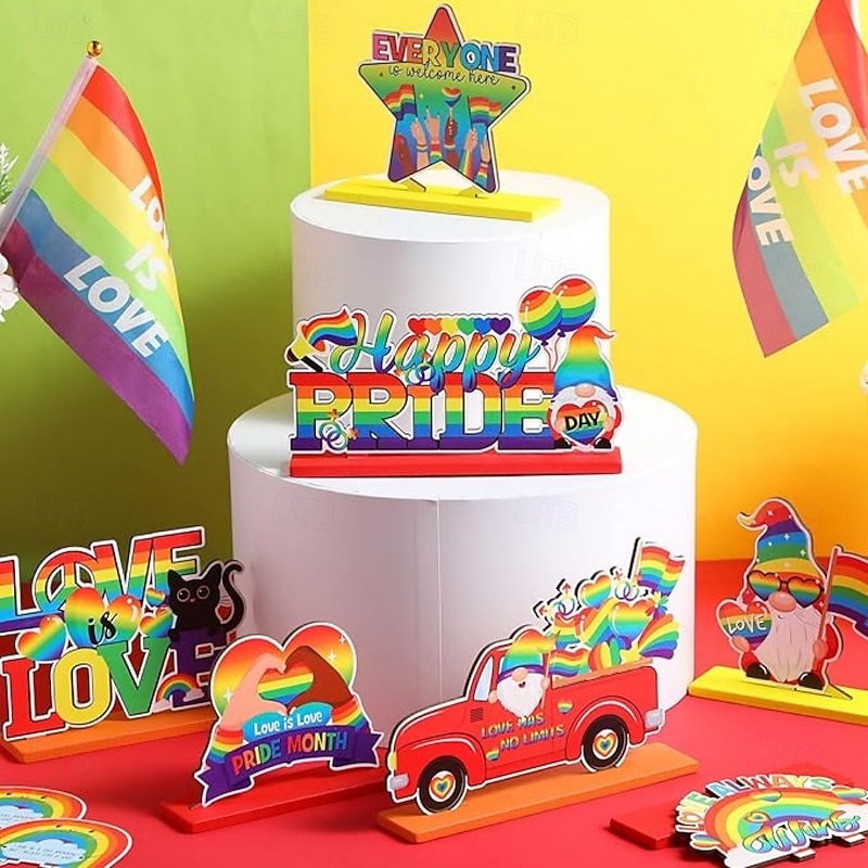 7 Pieces Pride Decorative Wooden Table Centerpieces, Love Is Love Table Decorations for Pride Month, Rainbow Theme LGBTQ Party Supplies, Perfect for Pride Celebration and Party Decor4