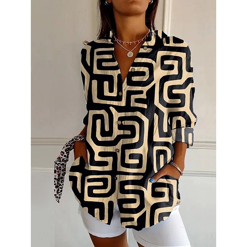Women's Shirt Button Down Tunic Shirt Collar Long Sleeve Graphic Geometric Stylish Modern Casual Regular Tops Work Daily s Print Blue Green Khaki Spring Fall Winter2