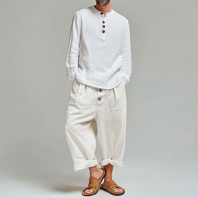 Men's Shirt Linen Shirt Summer Shirt Beach Shirt Solid Color Vacation Casual Black White Pink Blue Long Sleeve Henley Clothing Apparel Plain2